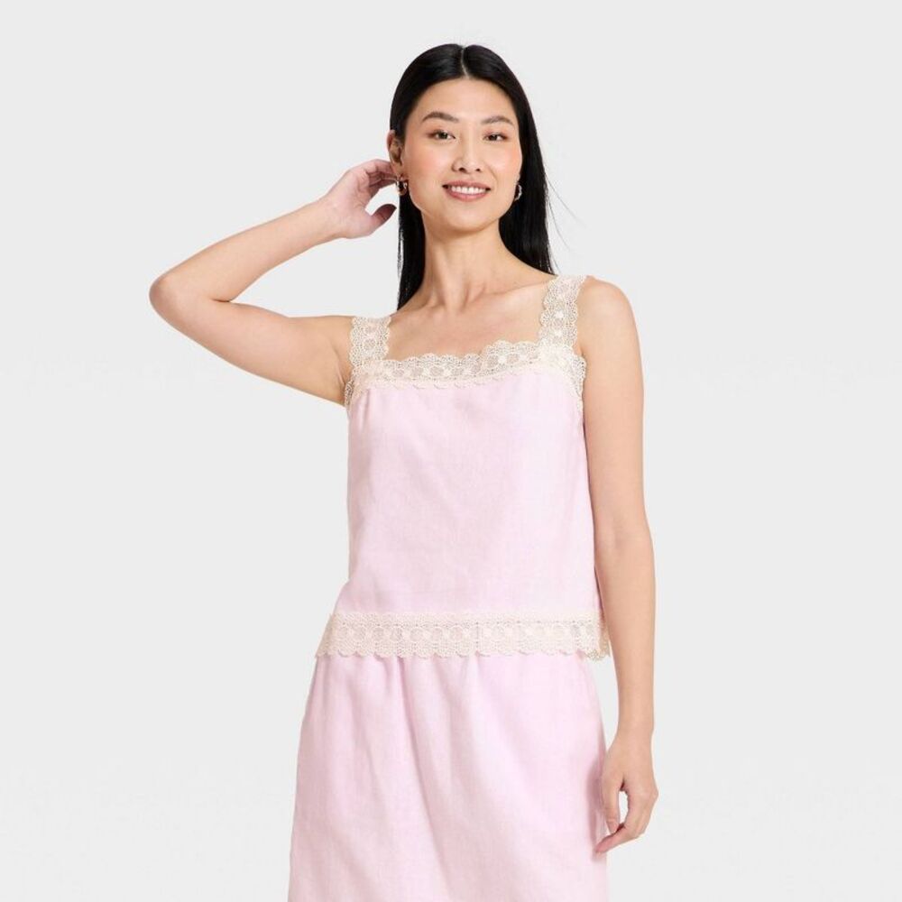 Women's Lace Trim Tank Top - A New Day Pink M